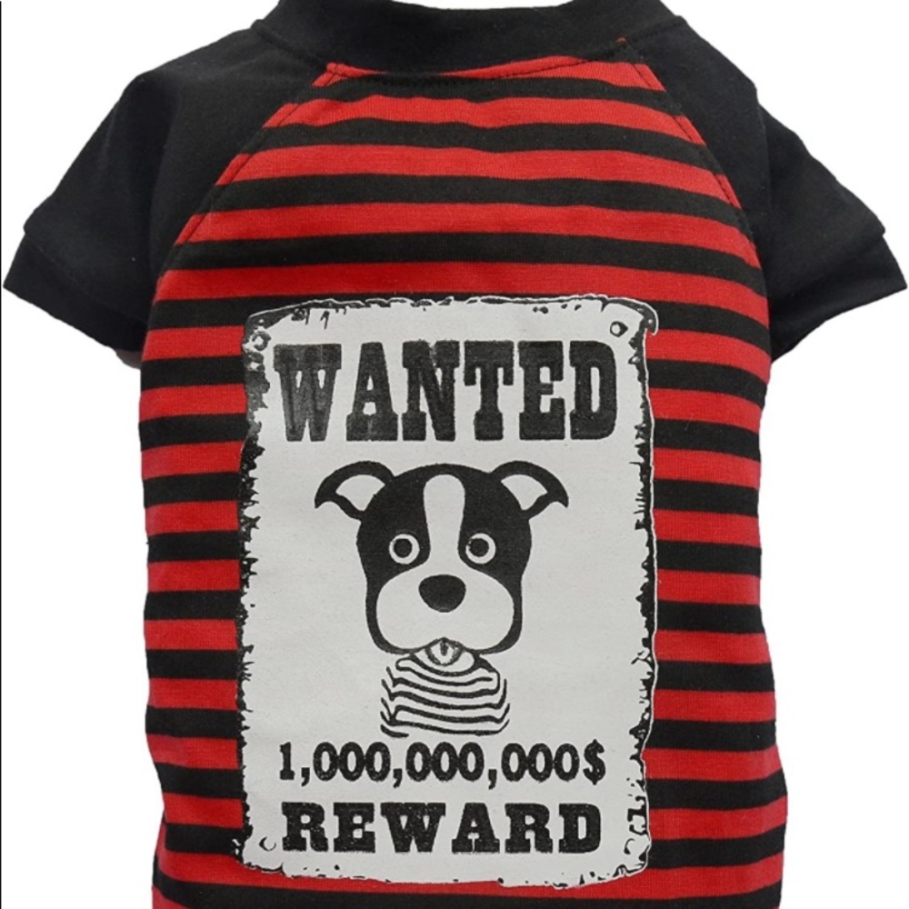 LARGE DoggyDolly red and black stripped shirt with a Boston Terrier wanted sign